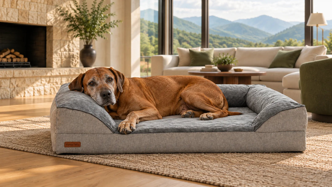 Older brown dog resting its head on the bolster of a gray VersaTails orthopedic dog bed