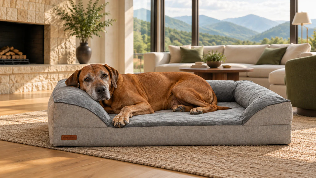 Older brown dog resting its head on the bolster of a gray VersaTails orthopedic dog bed