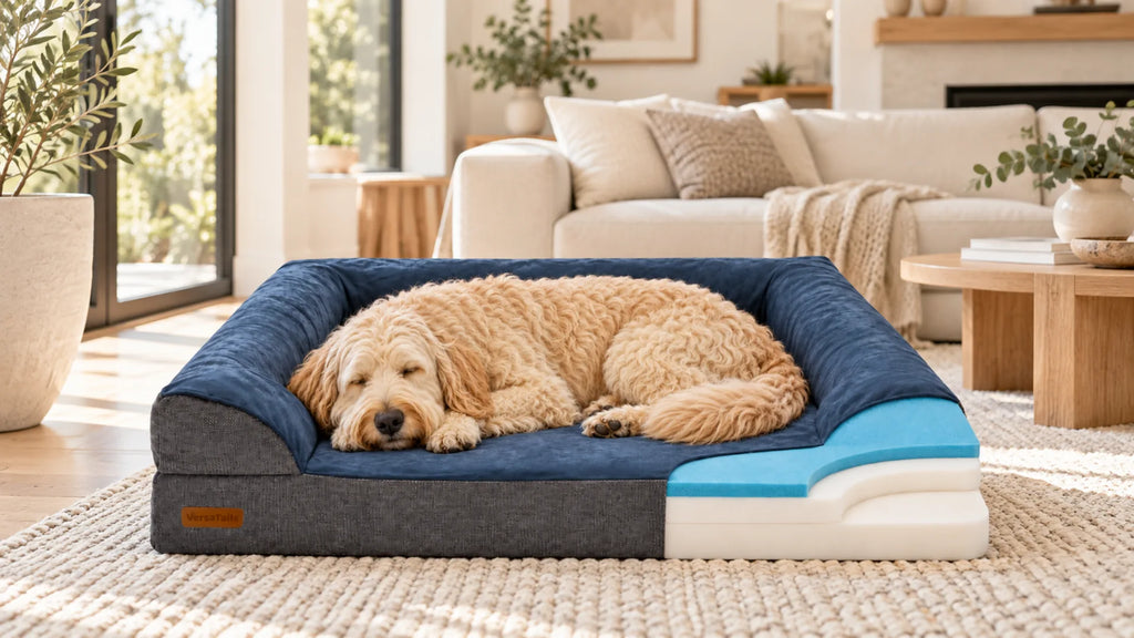 Golden doodle asleep on a navy VersaTails bolster dog bed with a cutaway showing its three foam layers