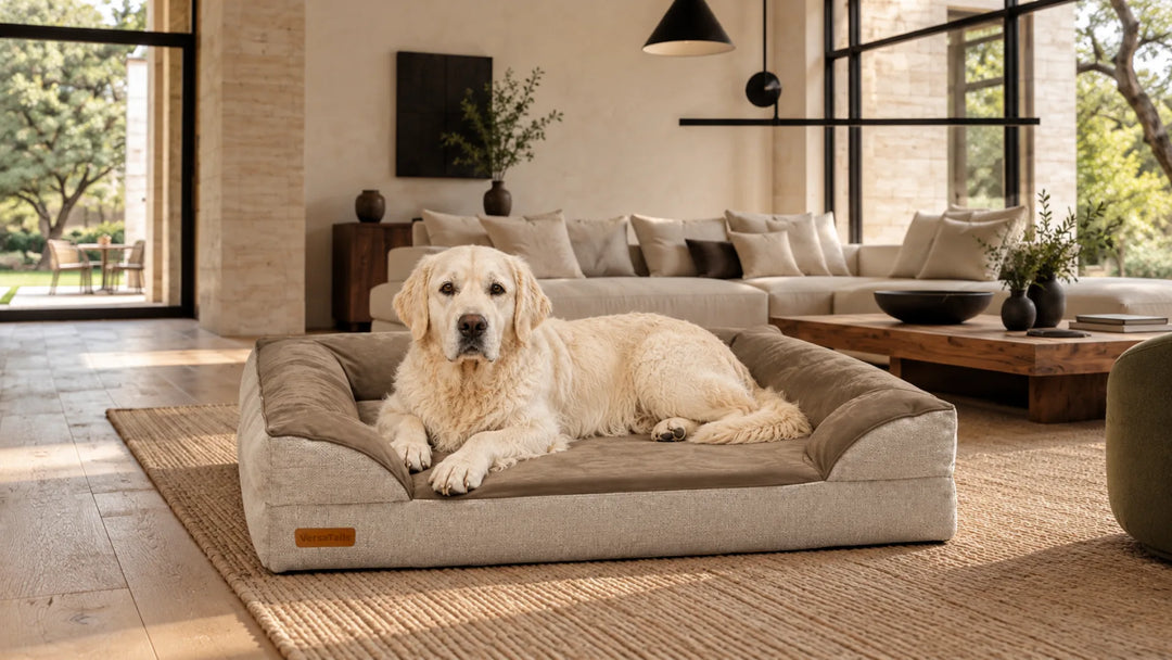Large cream-colored dog lying on a beige VersaTails orthopedic dog bed with bolsters in a bright living room